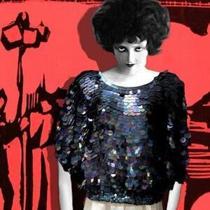 Silk Sweater Vintage 1980’s Paillettes Sequin Oil Slick Rainbow Black Dolman